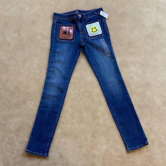 Gap Kids Skinny Sequin Flippy Emoji Jeans, Hi Bye Smiley Face NWT Size 10 - Picture 6 of 14